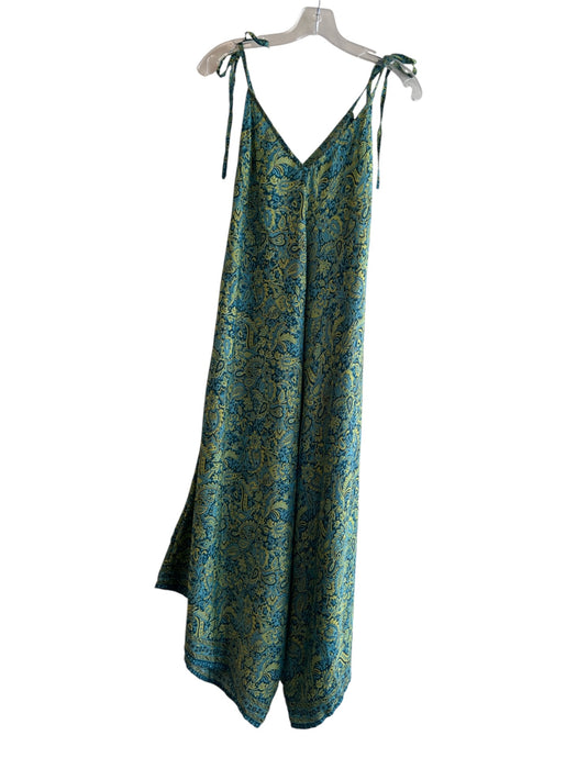 Baizaar Size Est M/L Green & Blue Silk V Neck tie strap Wide Leg Jumpsuit Green & Blue / Est M/L