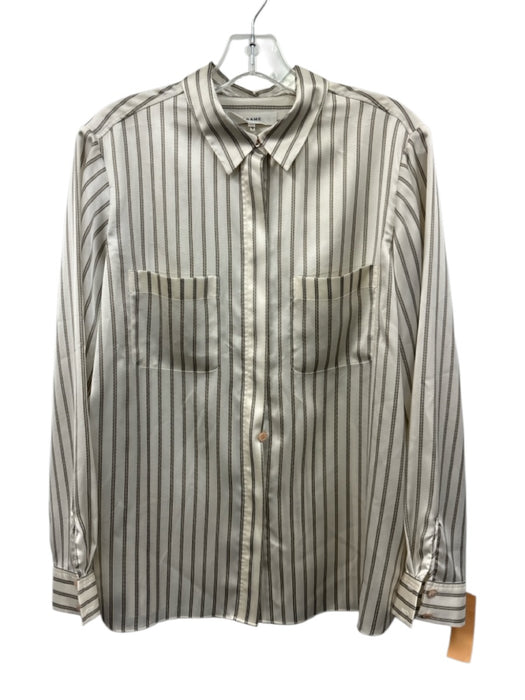 Frame Size M Cream White & Taupe Beige Polyester Striped Satin Long Sleeve Top Cream White & Taupe Beige / M