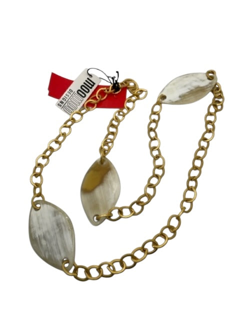Moo Moo Designs Tan & Gold Horn Metal circle chain oval Long Necklace Tan & Gold