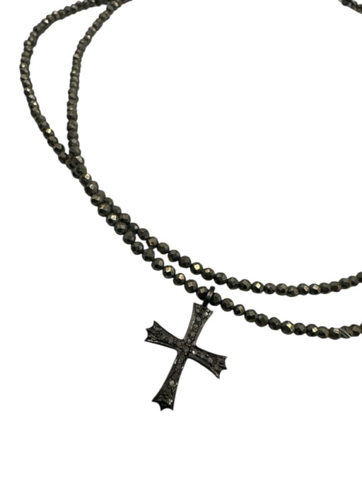 Gunmetal 925 Sterling Silver Melee Diamonds Faceted Beads Cross Pendant Necklace Gunmetal
