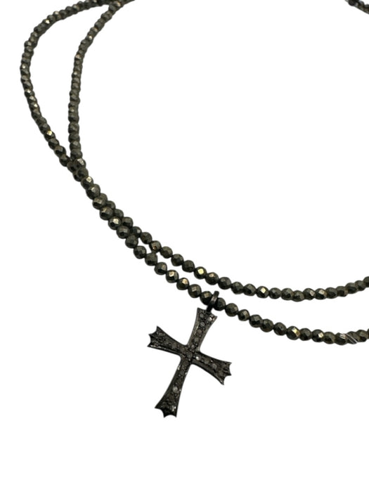 Gunmetal 925 Sterling Silver Melee Diamonds Faceted Beads Cross Pendant Necklace Gunmetal