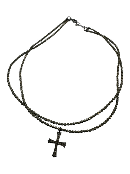 Gunmetal 925 Sterling Silver Melee Diamonds Faceted Beads Cross Pendant Necklace Gunmetal