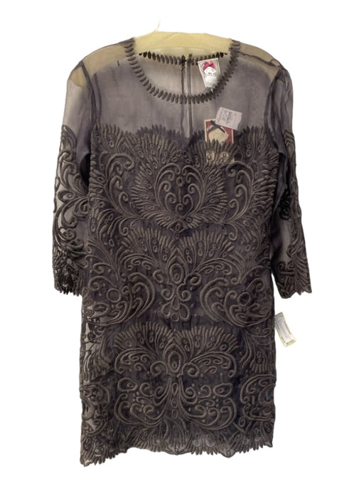 Yoana Baraschi Size 4 Brown Silk Round Neck Long Sleeve Embroidered Sheer Dress Brown / 4