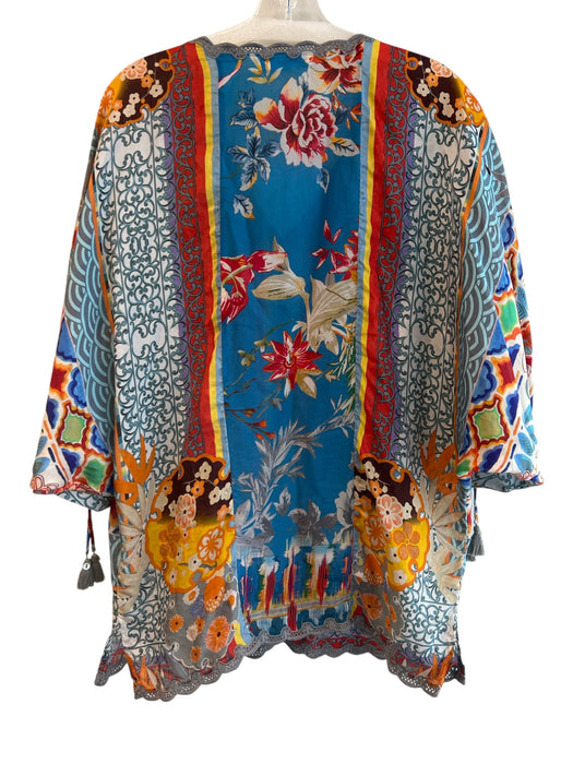 Johnny Was Size M Multi Silk V Neck 1/2 Sleeve Abstract Print Lace Detail Top Multi / M