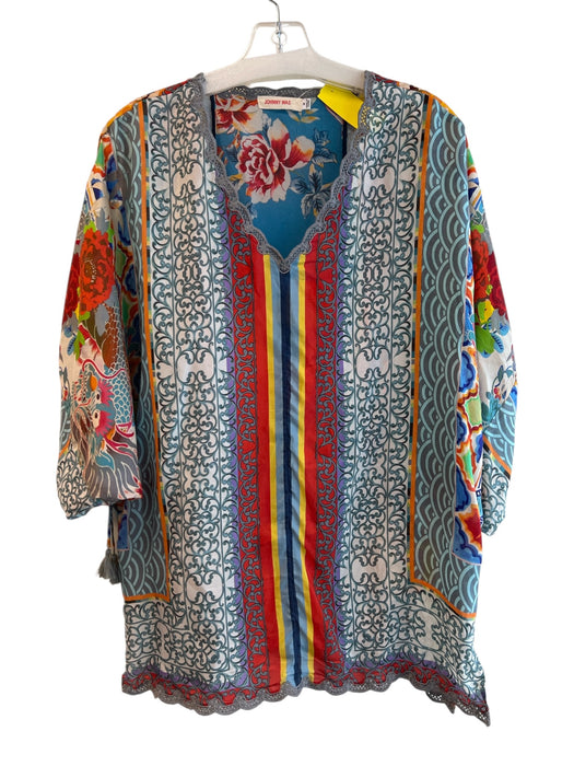 Johnny Was Size M Multi Silk V Neck 1/2 Sleeve Abstract Print Lace Detail Top Multi / M