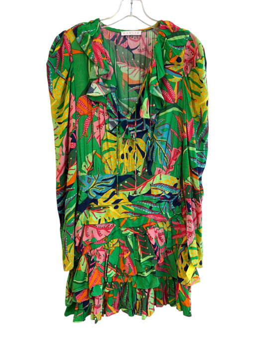 Karlie Size M Green & Multi Rayon Ruffle Neck Long Sleeve Tropical Print Dress Green & Multi / M