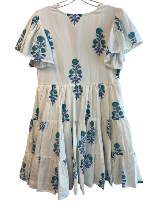 Indian Roots Size S White & Blue Cotton V Neck Short Puff Sleeve Tiered Dress White & Blue / S