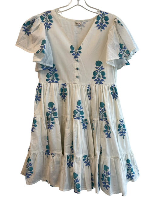 Indian Roots Size S White & Blue Cotton V Neck Short Puff Sleeve Tiered Dress White & Blue / S