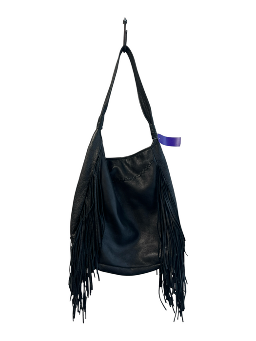 Margot Black Leather Shoulder Strap Fringe Snap Closure Interior Zip Pouch Bag Black / Medium
