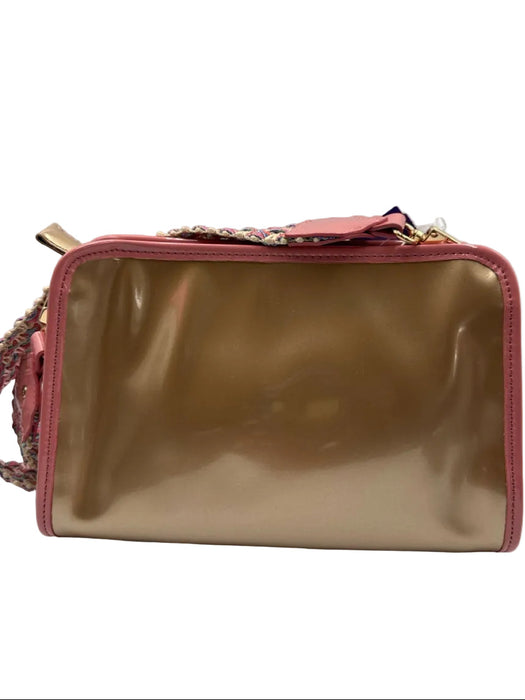 Kelly Wynne Gold, Pink, Blue Rubber Woven Strap Metallic Zip Top Shoulder Bag