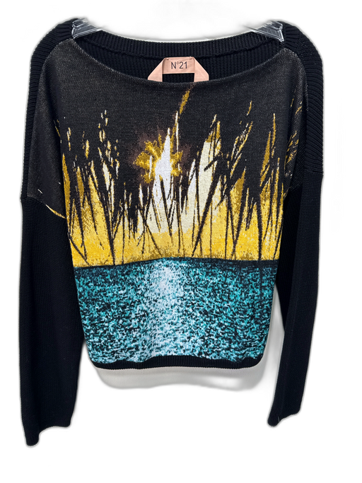 No 21 Size Est S Black & Multi Cotton Knit Ocean View Image Long Sleeve Sweater Black & Multi / Est S
