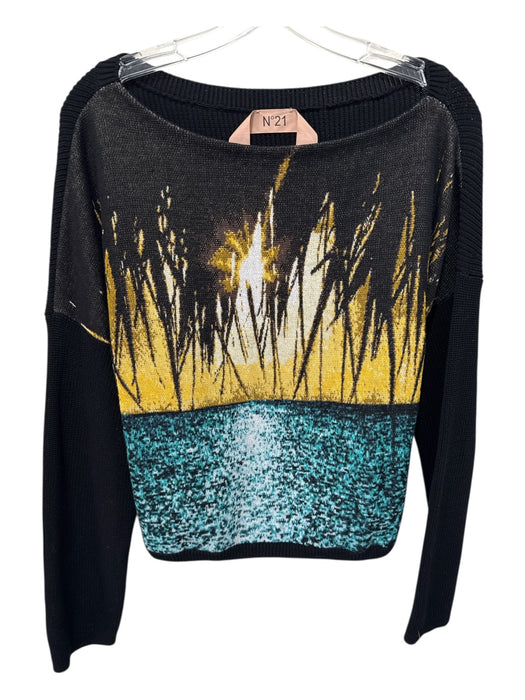 No 21 Size Est S Black & Multi Cotton Knit Ocean View Image Long Sleeve Sweater Black & Multi / Est S