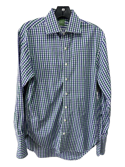 Sid Mashburn Size Est M Blue, Green & White Cotton Plaid Men's Long Sleeve Shirt Est M