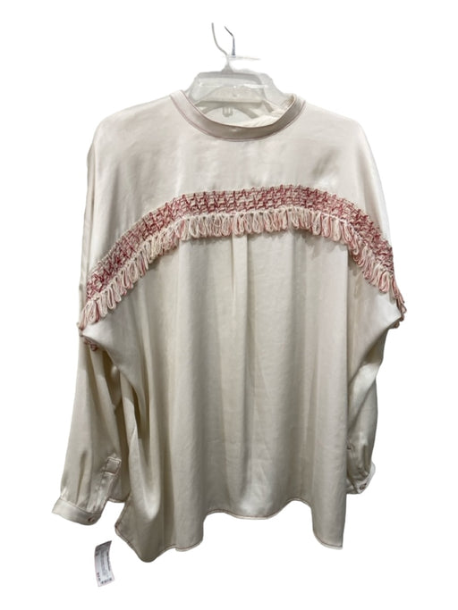 Koch Size XS Cream & Red Polyester Fringe Satin Button Front Long Sleeve Top Cream & Red / XS