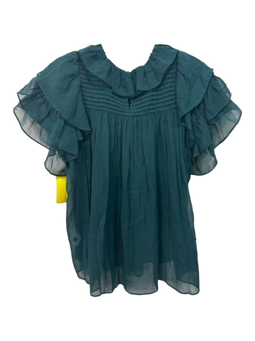 Ulla Johnson Size 4 Deep Green Silk Smocked Yoke Ruffle Cap Sleeve Top Deep Green / 4