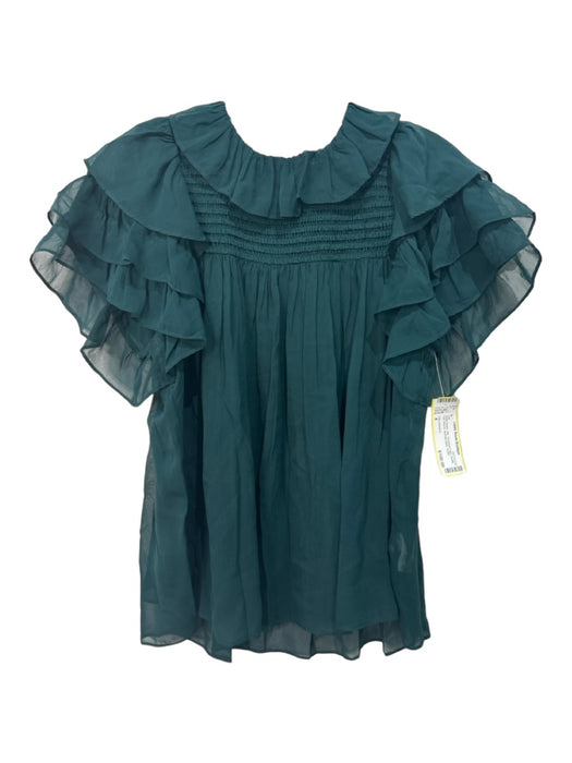 Ulla Johnson Size 4 Deep Green Silk Smocked Yoke Ruffle Cap Sleeve Top Deep Green / 4