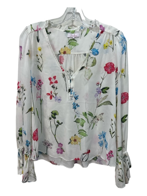 Parker Size S White & Multi Silk Floral Butterfly Long Sleeve 1/4 Button Top White & Multi / S