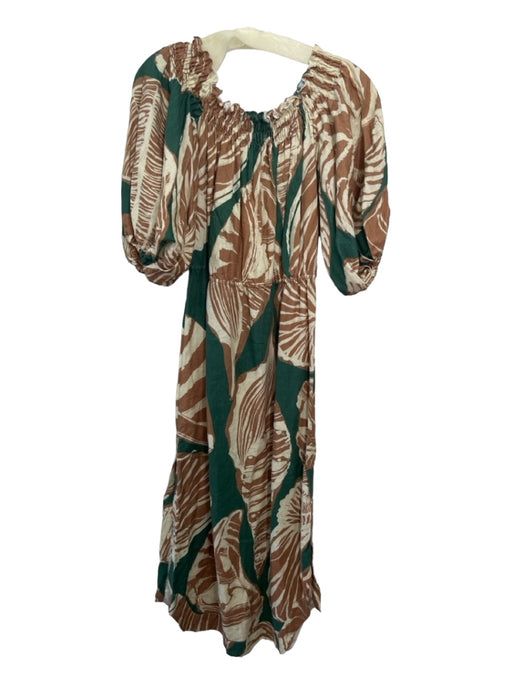 Johanna Ortiz Size S Brown Beige Green Linen Leaf Print Off Shoulder Dress Brown Beige Green / S