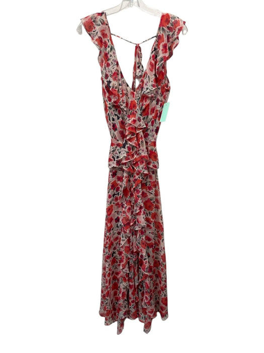 Misa Size S Red, Orange & Green Viscose Sleeveless Ruffle Neckline Floral Dress Red, Orange & Green / S