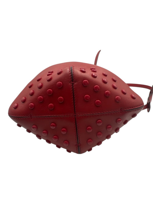 Tod's Cherry Red Leather Rubber Stud Detaill Drawstring Bucket Bag Cherry Red / Small