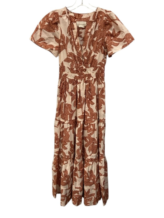 By Anthropologie Size XXS Cream, Orange, Pink Cotton Elastic Waist Midi Dress Cream, Orange, Pink / XXS