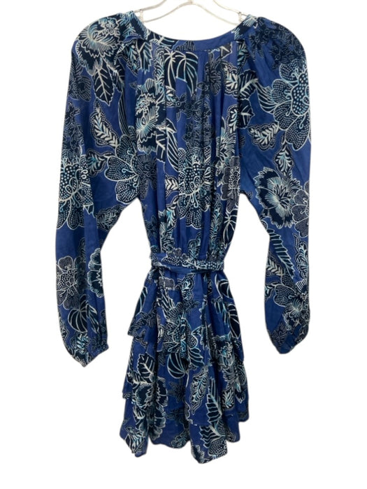 Love The Label Size M Blue & White Cotton Botanical Tiered Above Knee Dress Blue & White / M