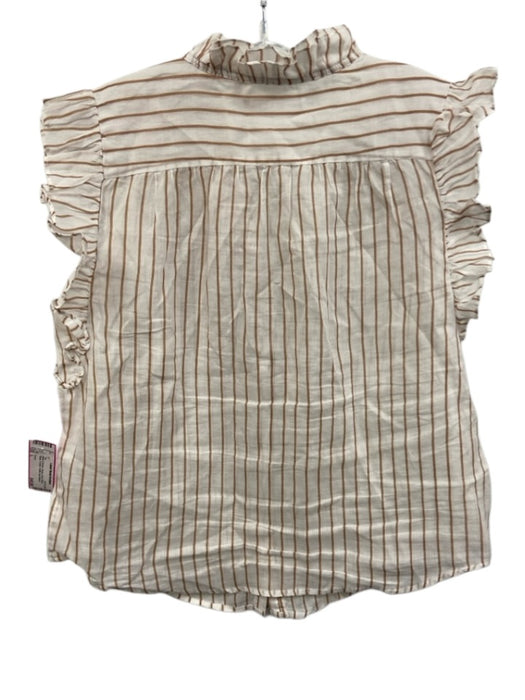 Frame Size L White & Brown Ramie Semi Sheer Stripe V Neck Ruffle Cap Sleeve Top White & Brown / L
