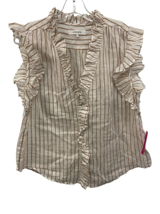 Frame Size L White & Brown Ramie Semi Sheer Stripe V Neck Ruffle Cap Sleeve Top White & Brown / L