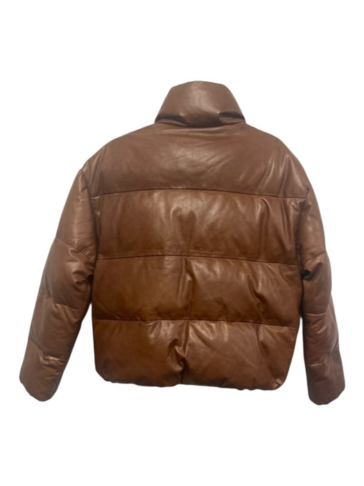 Lamarque Size S Brown Leather Duck Down Puffer Front Zip Pockets Jacket Brown / S