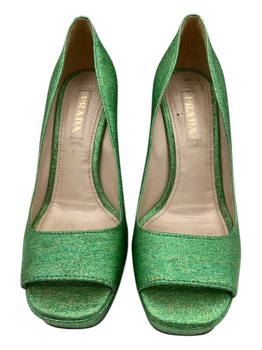 Prada Shoe Size 37.5 Green & Gold Synthetic Knit Peep Toe Glitter Pumps Green & Gold / 37.5