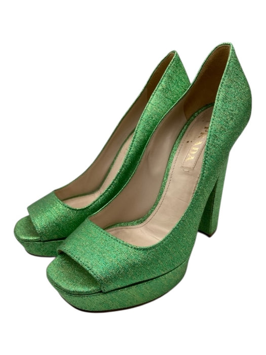 Prada Shoe Size 37.5 Green & Gold Synthetic Knit Peep Toe Glitter Pumps Green & Gold / 37.5