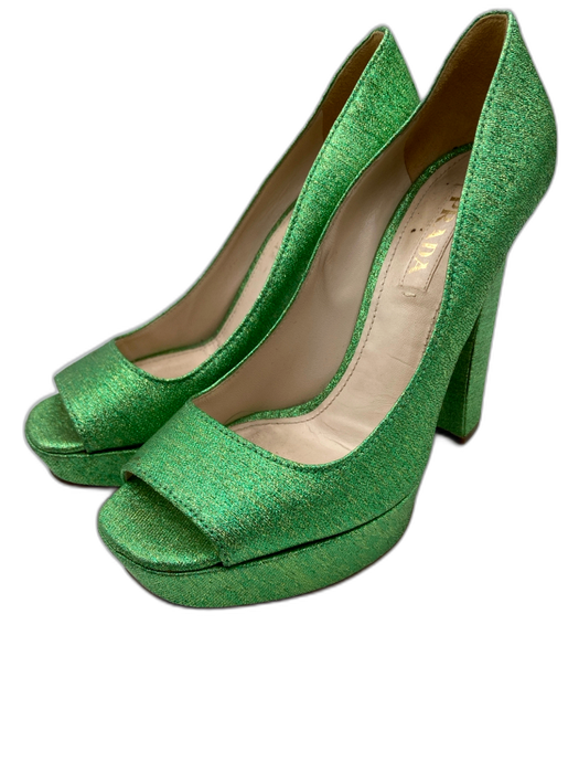 Prada Shoe Size 37.5 Green & Gold Synthetic Knit Peep Toe Glitter Pumps Green & Gold / 37.5