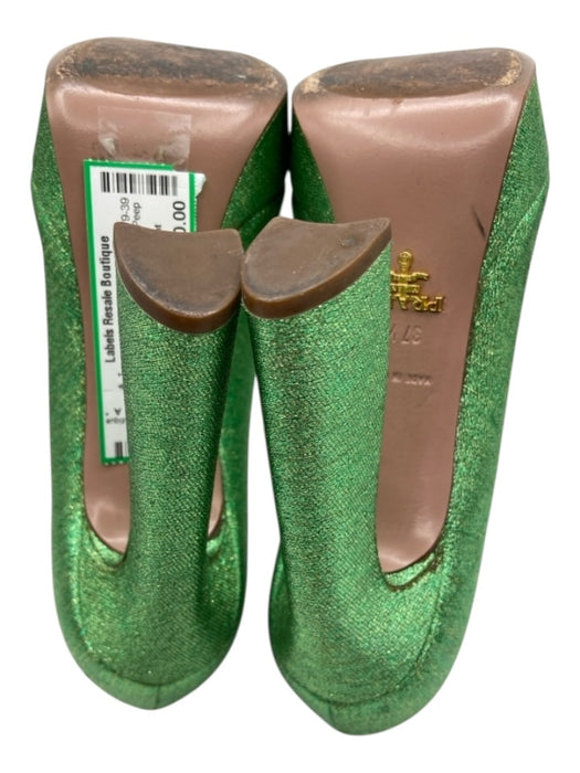 Prada Shoe Size 37.5 Green & Gold Synthetic Knit Peep Toe Glitter Pumps Green & Gold / 37.5