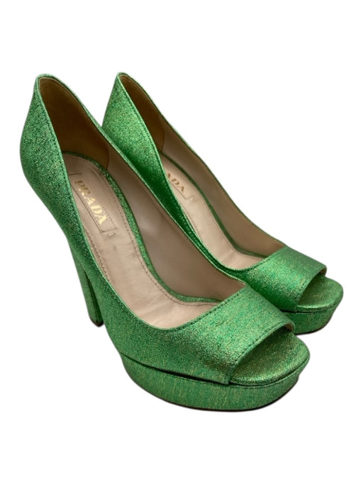 Prada Shoe Size 37.5 Green & Gold Synthetic Knit Peep Toe Glitter Pumps Green & Gold / 37.5
