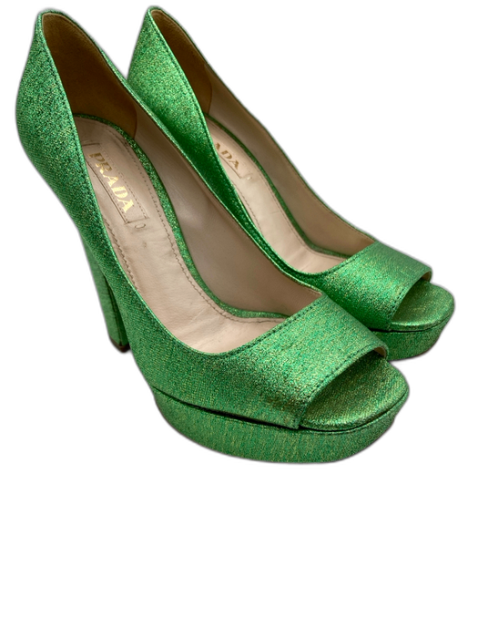 Prada Shoe Size 37.5 Green & Gold Synthetic Knit Peep Toe Glitter Pumps Green & Gold / 37.5