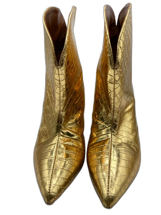 Paris Texas Shoe Size 37.5 Gold Embossed Leather Pointed Toe Block Heel Booties Gold / 37.5