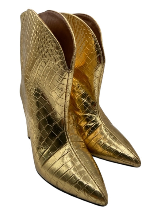 Paris Texas Shoe Size 37.5 Gold Embossed Leather Pointed Toe Block Heel Booties Gold / 37.5