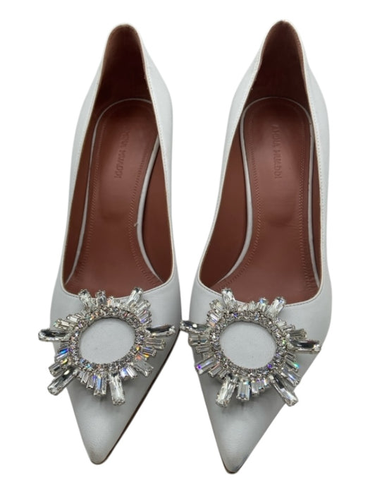 Amina Muaddi Shoe Size 37.5 White & Silver Leather Pointed Toe Bedazzled Pumps White & Silver / 37.5