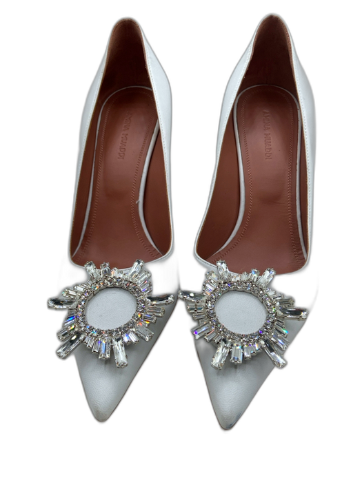 Amina Muaddi Shoe Size 37.5 White & Silver Leather Pointed Toe Bedazzled Pumps White & Silver / 37.5