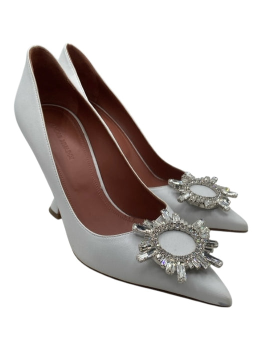 Amina Muaddi Shoe Size 37.5 White & Silver Leather Pointed Toe Bedazzled Pumps White & Silver / 37.5