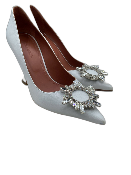 Amina Muaddi Shoe Size 37.5 White & Silver Leather Pointed Toe Bedazzled Pumps White & Silver / 37.5