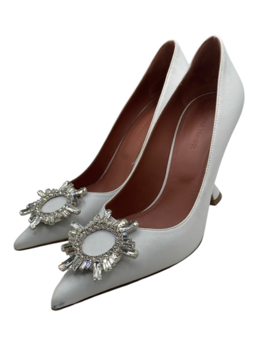 Amina Muaddi Shoe Size 37.5 White & Silver Leather Pointed Toe Bedazzled Pumps White & Silver / 37.5