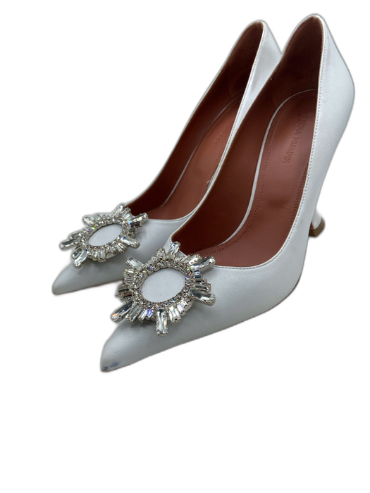 Amina Muaddi Shoe Size 37.5 White & Silver Leather Pointed Toe Bedazzled Pumps White & Silver / 37.5