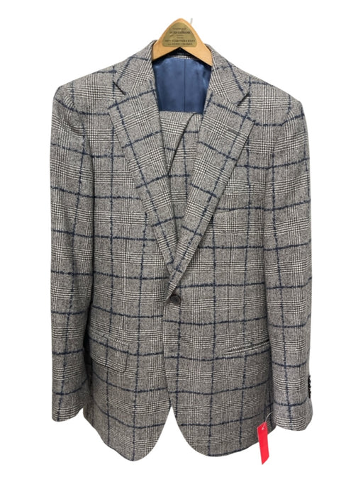 Suitsupply Gray, Blue & White Wool Plaid Houndstooth 2 Button Men's Suit Gray, Blue & White / 48