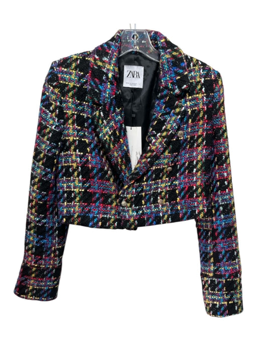 Zara Size XS Black & Multi Polyester Tweed Metallic Thread Button Detail Jacket Black & Multi / XS