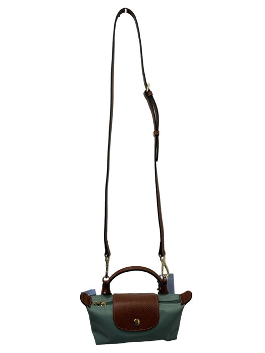Longchamp Mint Green & Brown Polyamide Leather trim Zip Top Removable Strap Bag