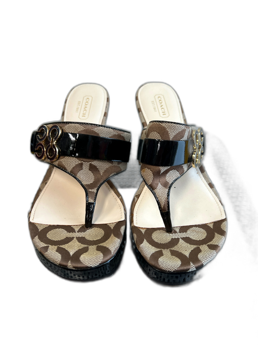 Coach Shoe Size 7 Brown Patent Leather Canvas Monogram Platform Thong Sandals Brown / 7