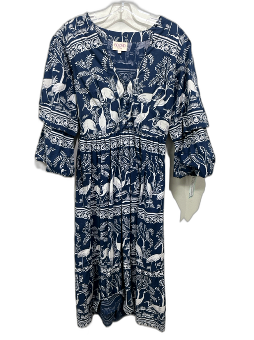 Beyond by Vera Size XS Navy Blue & White Bird Print Leaf Print Puff Sleeve Dress Navy Blue & White / XS