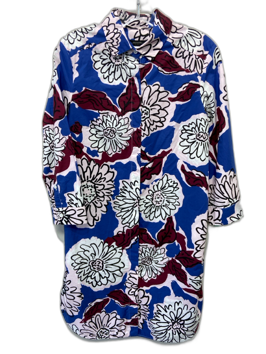Weekend Max Mara Size S Blue, Red & Multi Cotton Long Sleeve Flowers Dress Blue, Red & Multi / S