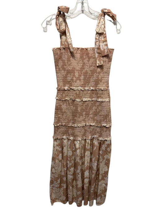 Love Shack Fancy Size XS Beige & Tan Cotton Sleeveless Floral Smocked Dress Beige & Tan / XS
